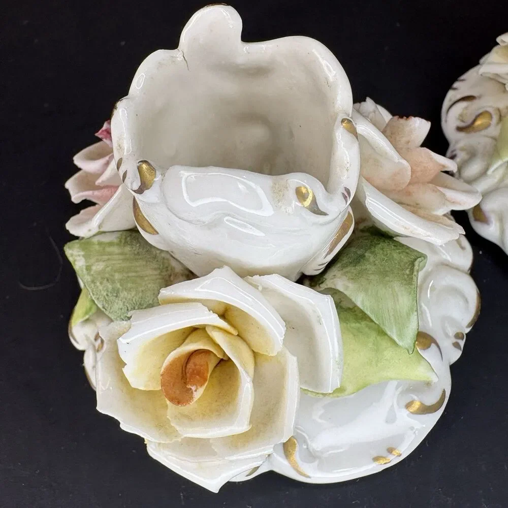 Antique Capodimonte Candle Holders Italian Applied Floral 3